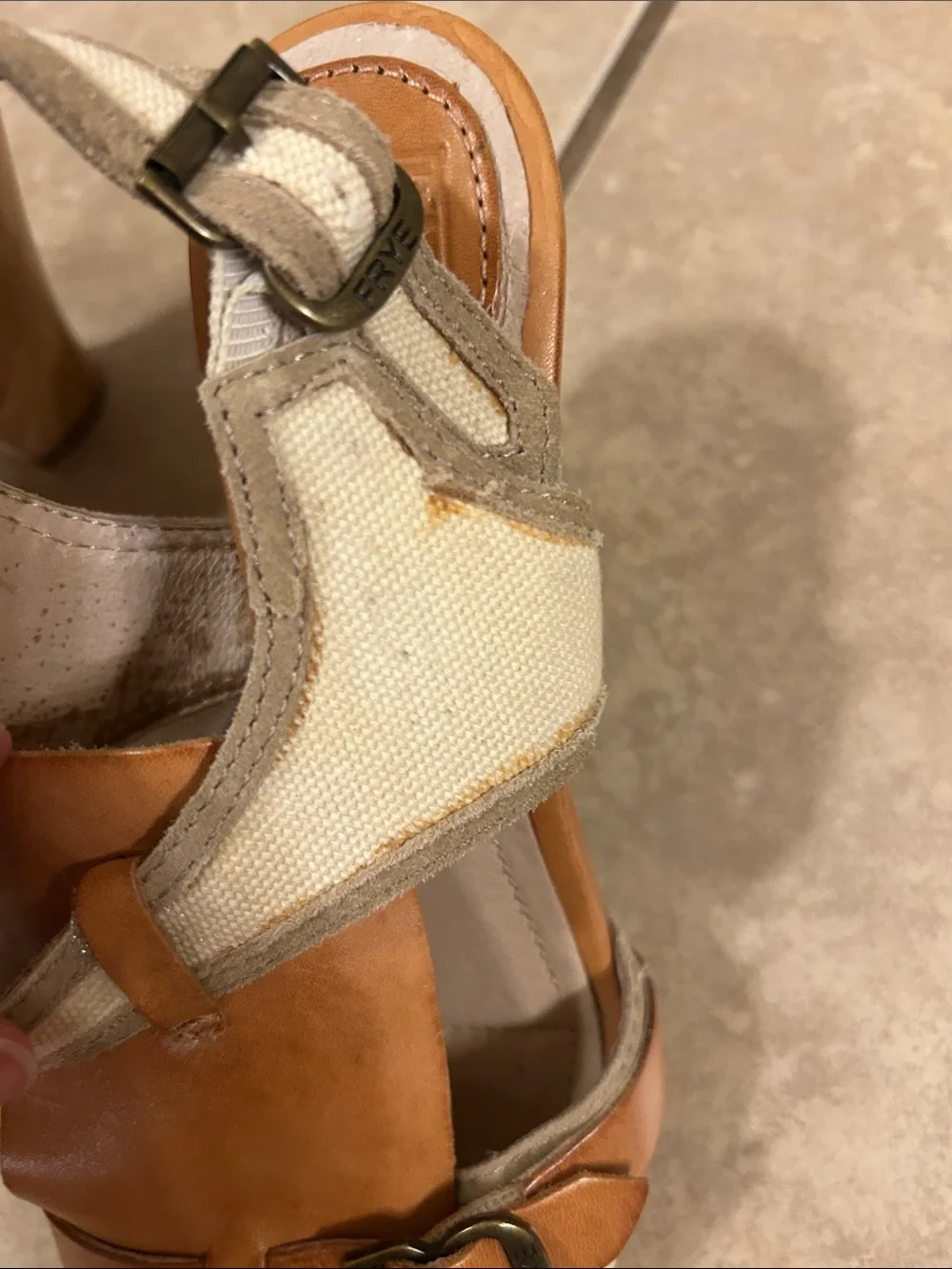 Frye Ramsey Kilt brown Canvas Fringe Buckle Sandals heels